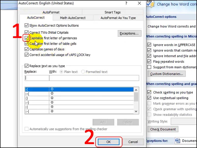 Tick chọn Capitalize first letter of sentences
